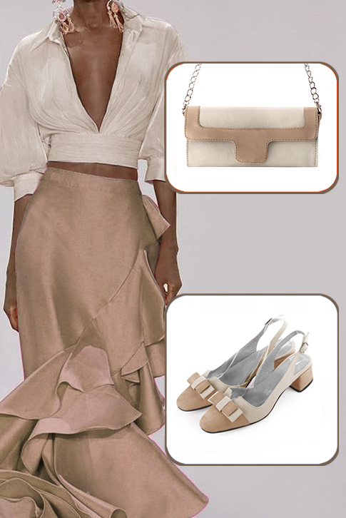 Women's tan beige and gold elegant slingback heels, with a bow on the front. Round toe. Low flare heels - Worn view